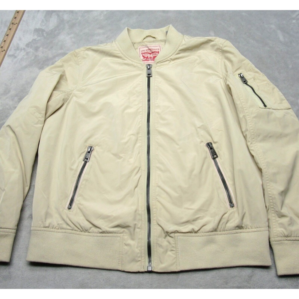 Levis Jacket Men XL Cream Zip Pockets Lined Ribbed Trims Full Zip Casual Bomber